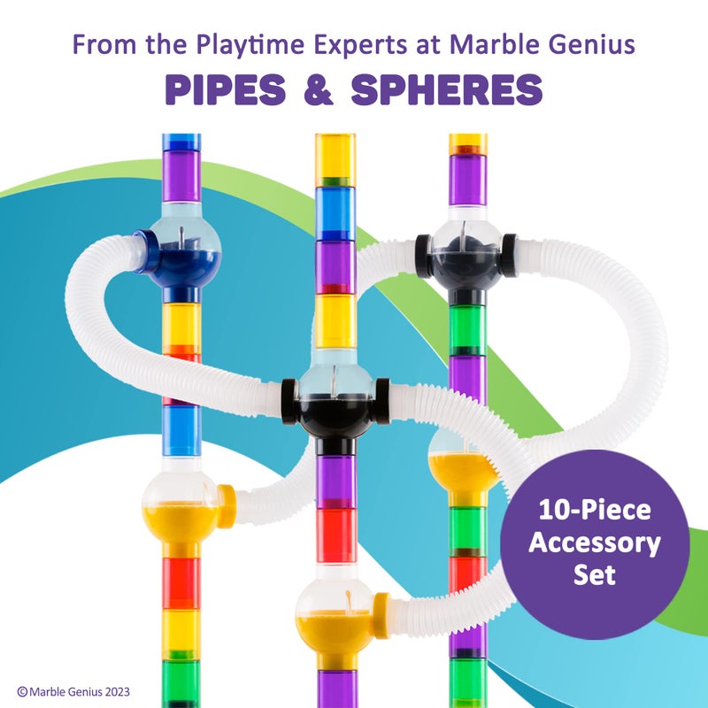 Marble Genius Marble Run Pipe & Sphere Accessory Add-on Set - 10 Pcs Total (4 Pipes, a Ramp, 5 Spheres), Alternating, Straight, & Tubes for Creating Exciting Mazes, Tracks, Runs, and Races - Image 2